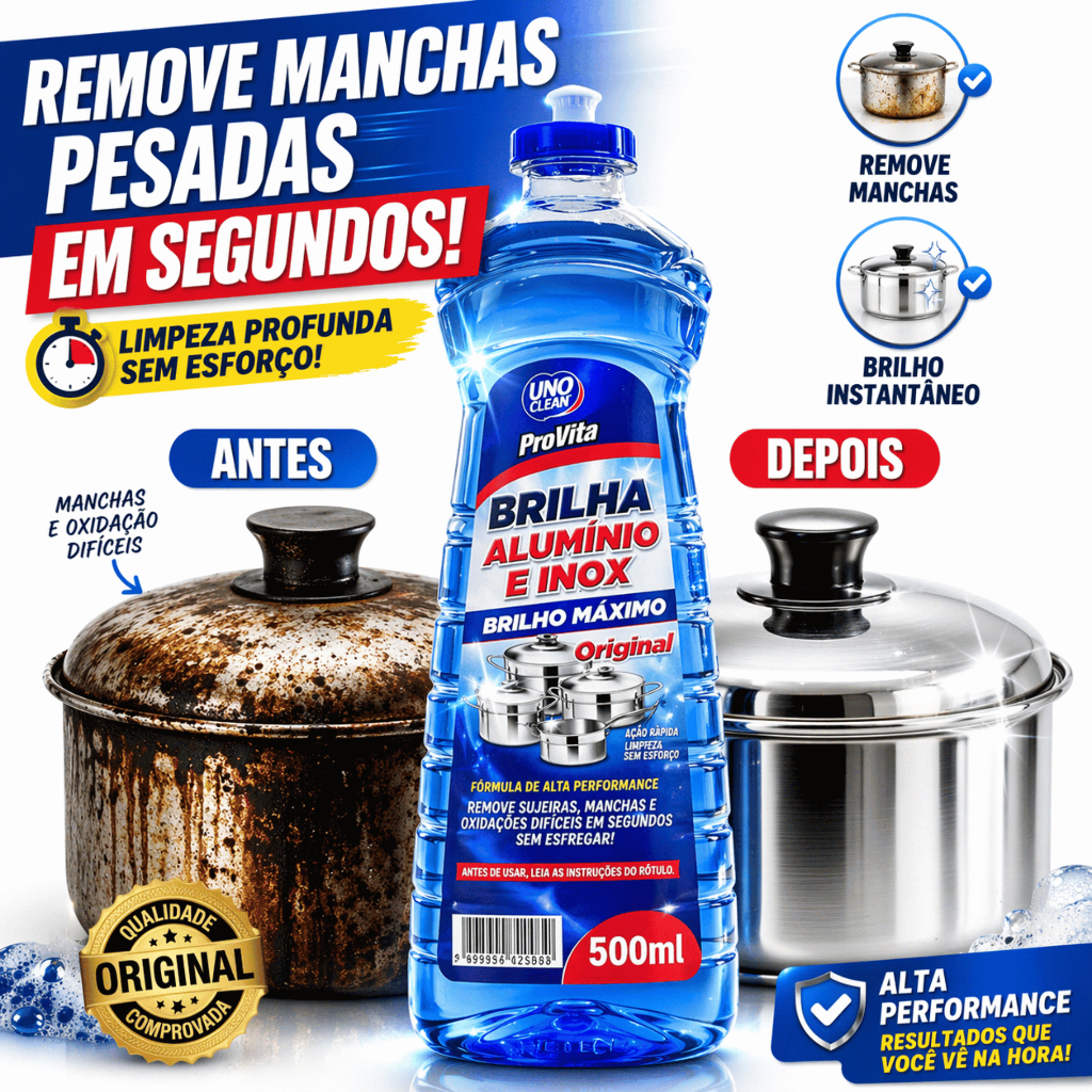 Limpa Alumínio Inox Provita 500ml Limpeza Pesada Brilho Intenso Remove Crostas Manchas Difíceis