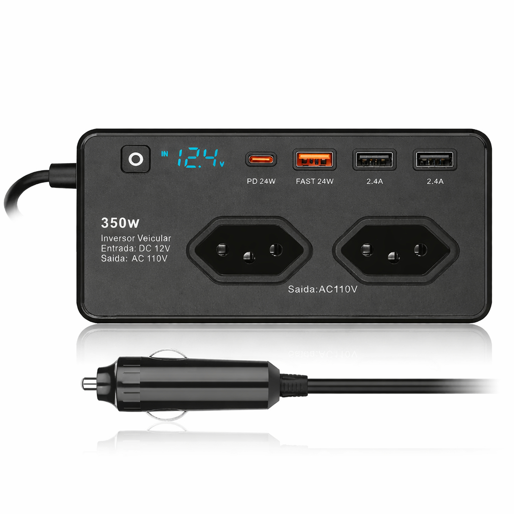 Inversor Conversor 350w 12v com 110v Tomada + Usb Turbo E USB C Inversor Veicular de energia
