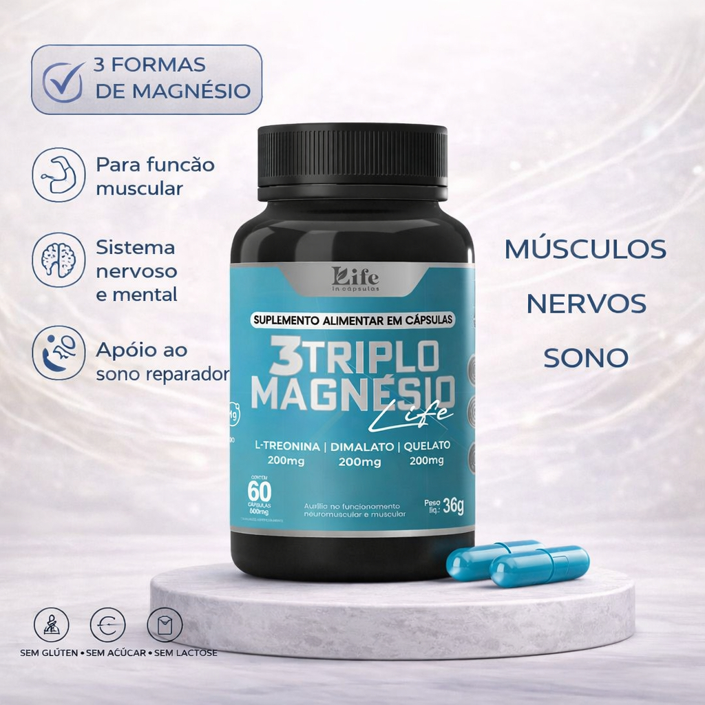 Triplo Magnésio Quelato, Dimalato, L-Treonato - 60 Cápsulas. Envio Imediato.