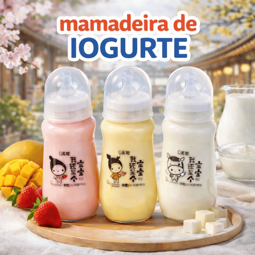 Mamadeira de Iogurte Asiática 280ml Bebida Láctea Fermentada Morango Manga Tradicional Vidro BREMAC