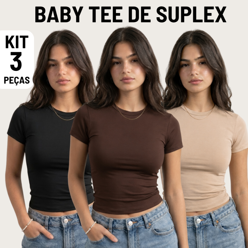 Kit 3 Ou 1 Baby Tee Feminina Blusa Slim Fit Manga Curta Blusa de Compressão Várias Cores Ajuste
