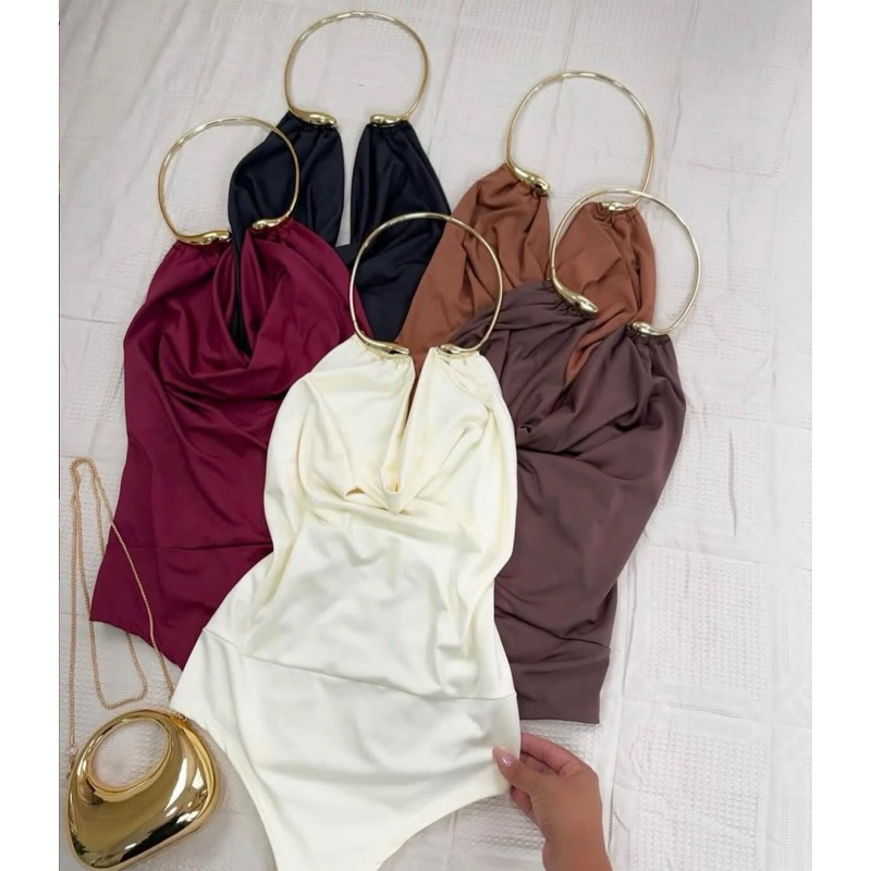 Body Feminino Poliamida Chic  com Detalhe solto no Pescoço Elegante, Sensual e Confortável Tendência.