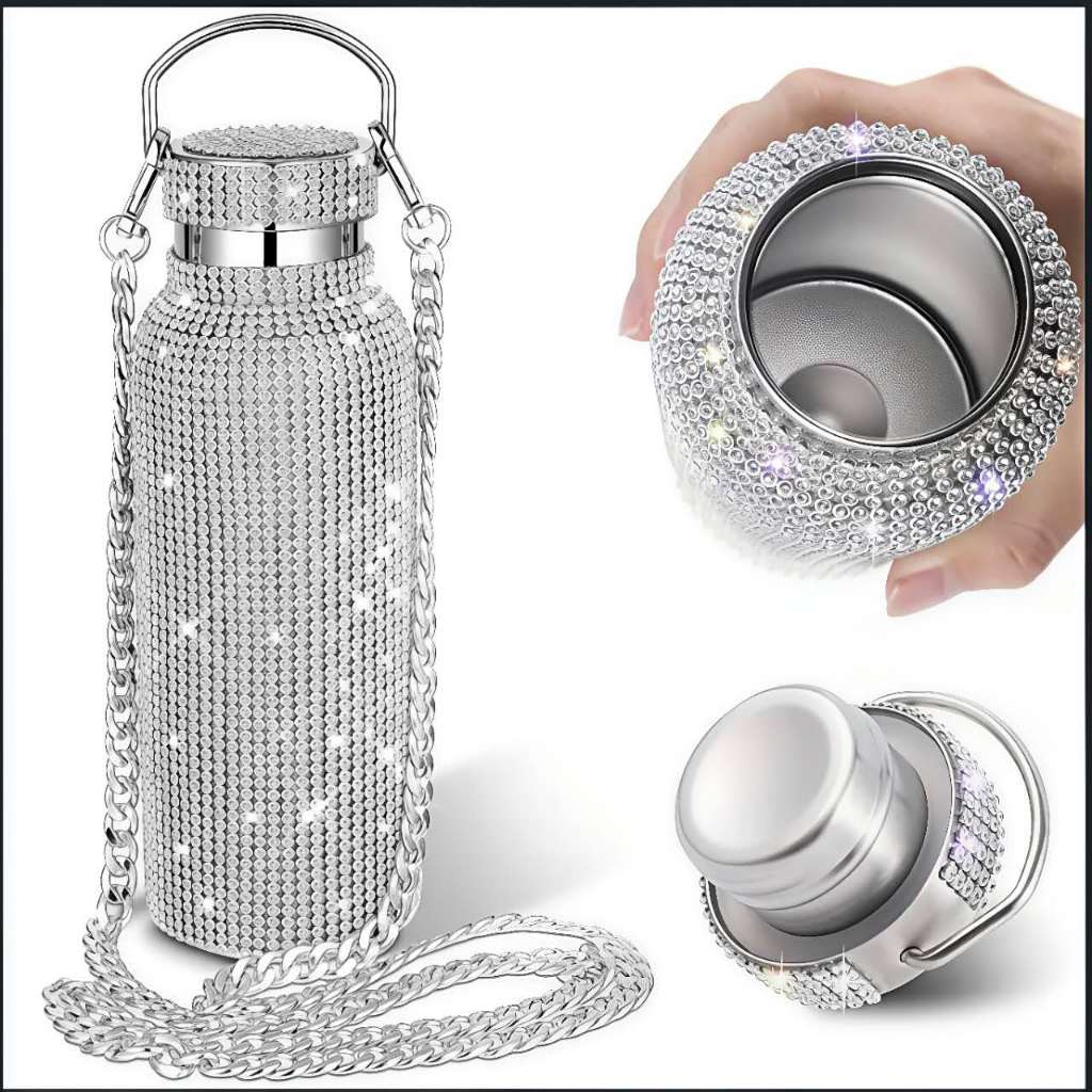 Garrafa Térmica Luxo com Strass Brilhante em Inox 500ml – Elegante, Ideal para Presente