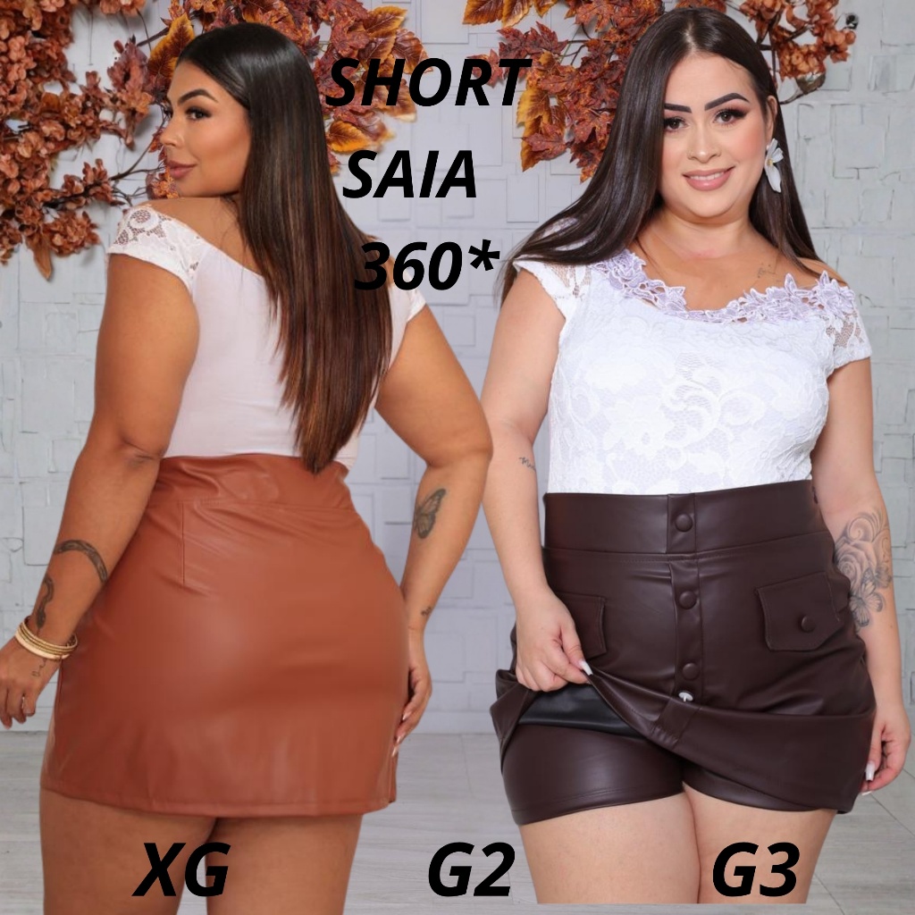 Short Saia Couro 360° Plus Size Feminina com Botões Frontais e Zíper Moda Curvy Tendência, Cintura Alta, XG G1 G2 Gringa