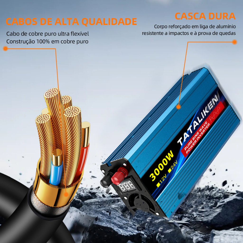 Inversor de Onda Senoidal Pura 3000W 12V/24V 220V Painel Solar para Carro Motorhome Geladeira Ar Condicionado Soldagem