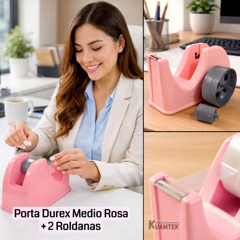 Suporte Fita Adesiva Porta Durex Medio Rosa 2 Adaptador Mesa