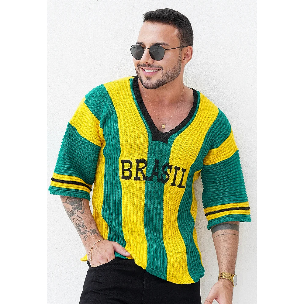 Camiseta Brasil Tricot Oversized Copa do Mundo Verde e Amarelo Azul e Branco Torcida Gola V Agênero