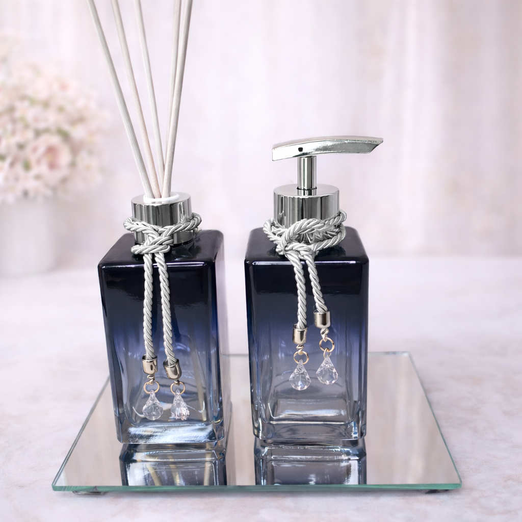 Kit Lavabo Square Preto Degrade 250ml / Prata, Frasco De Vidro Para Difusor De Ambiente + Bandeja Espelhada + Varetas
