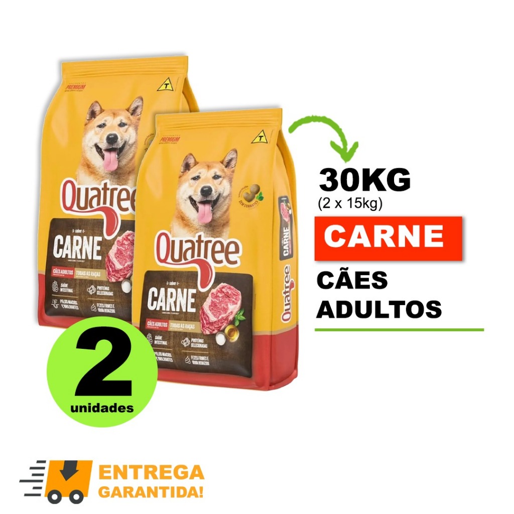 Kit com 2 Ração Quatree Para Caes Adultos Sabor Carne TODAS AS RAÇAS 15kg envio …