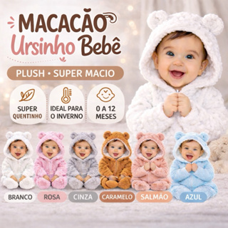 Macacão Bebê Soft Peluciado Ursinho  Quentinho Com Capuz e Zíper Roupa de Frio  Urso Infantil UNISEX 0 a 12 Meses em Oferta na Shopee