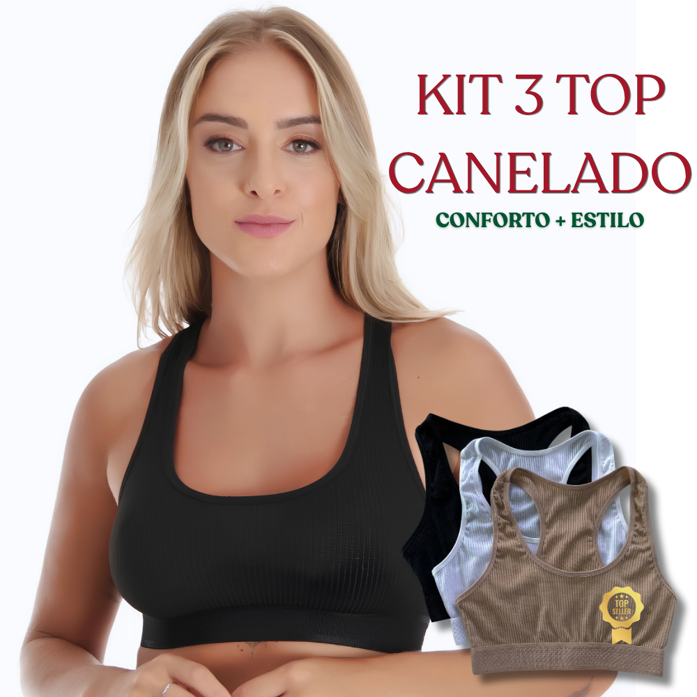 Kit 3 Top Fitness Feminino Nadador Canelado Confortável Yoga Colorido