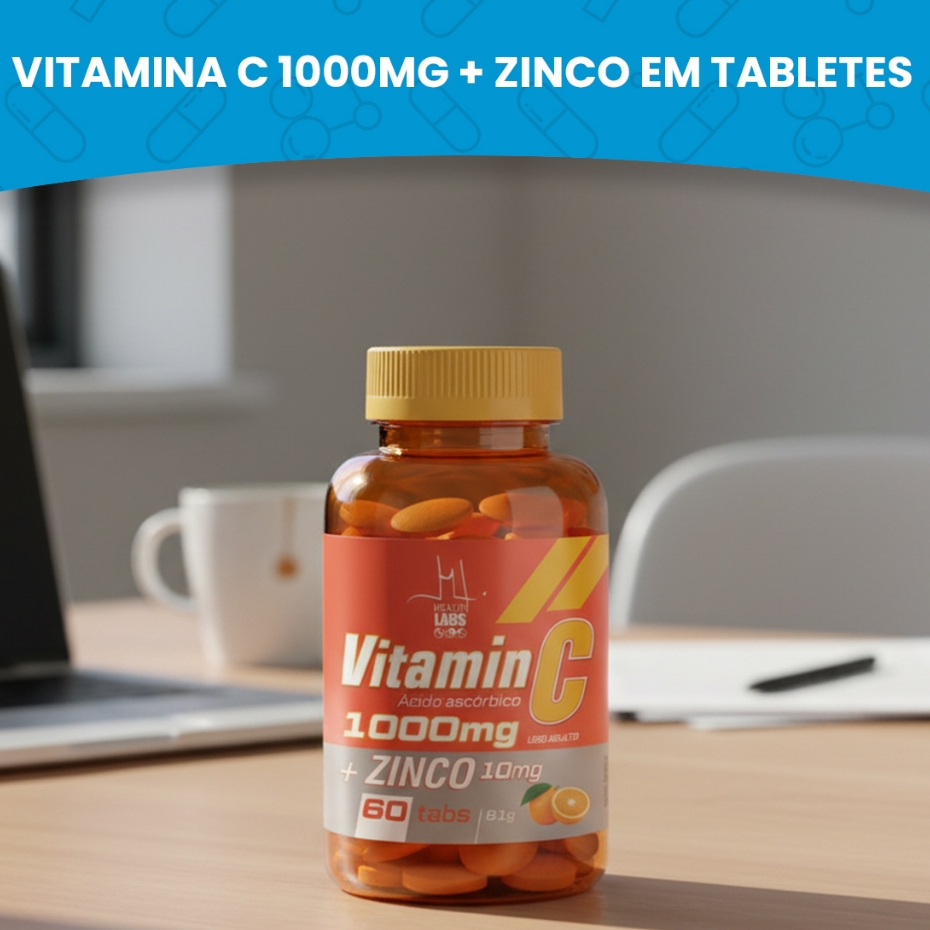 Vitamina C 1000mg Zinco 10mg 60 Tabletes Suplemento Imunidade Energia Disposição Diário
