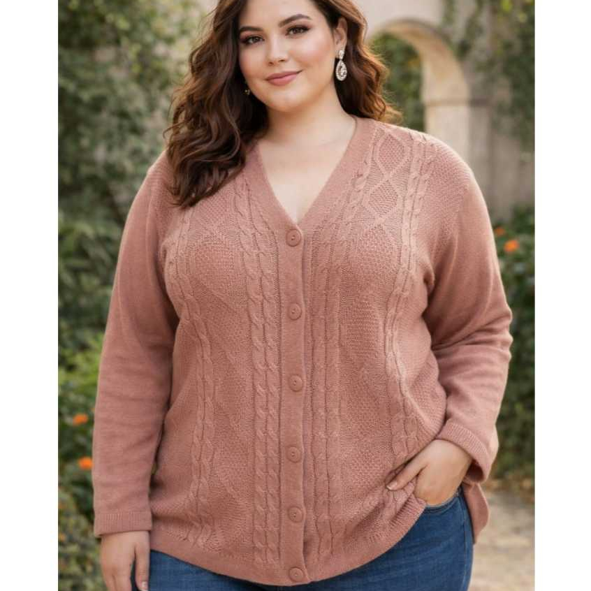Casaco Cardigã Feminino Tricô Inverno Grosso Plus Size Elegante Ajustável ao Corpo com Botão