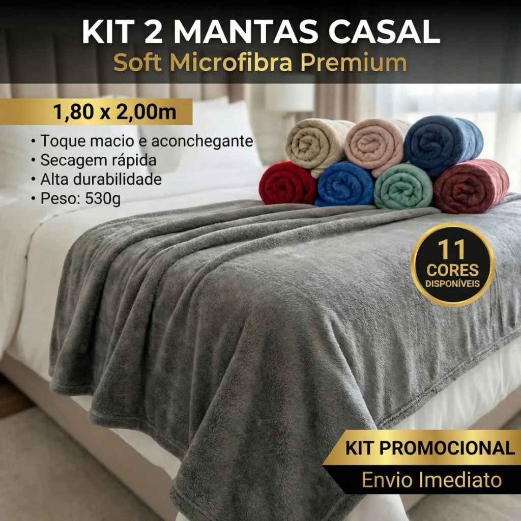 Kit 2 Manta Casal Soft Microfibra 1,80x2,00m 530g Cobertor Leve Toque Macio