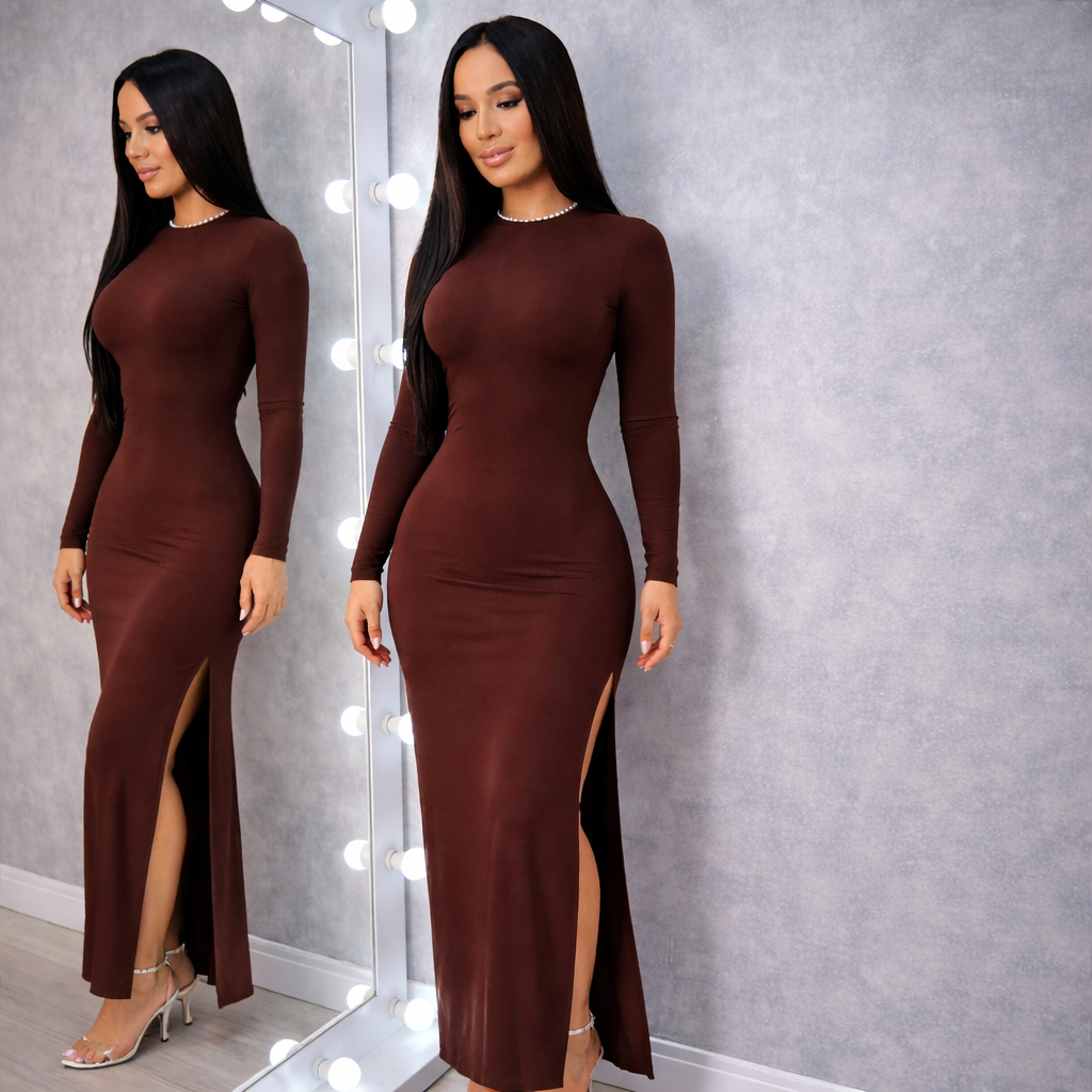 Vestido Longo Manga Longa Inverno Fenda Lateral Vestido Frio Casual Feminino Moda Malha Elegante