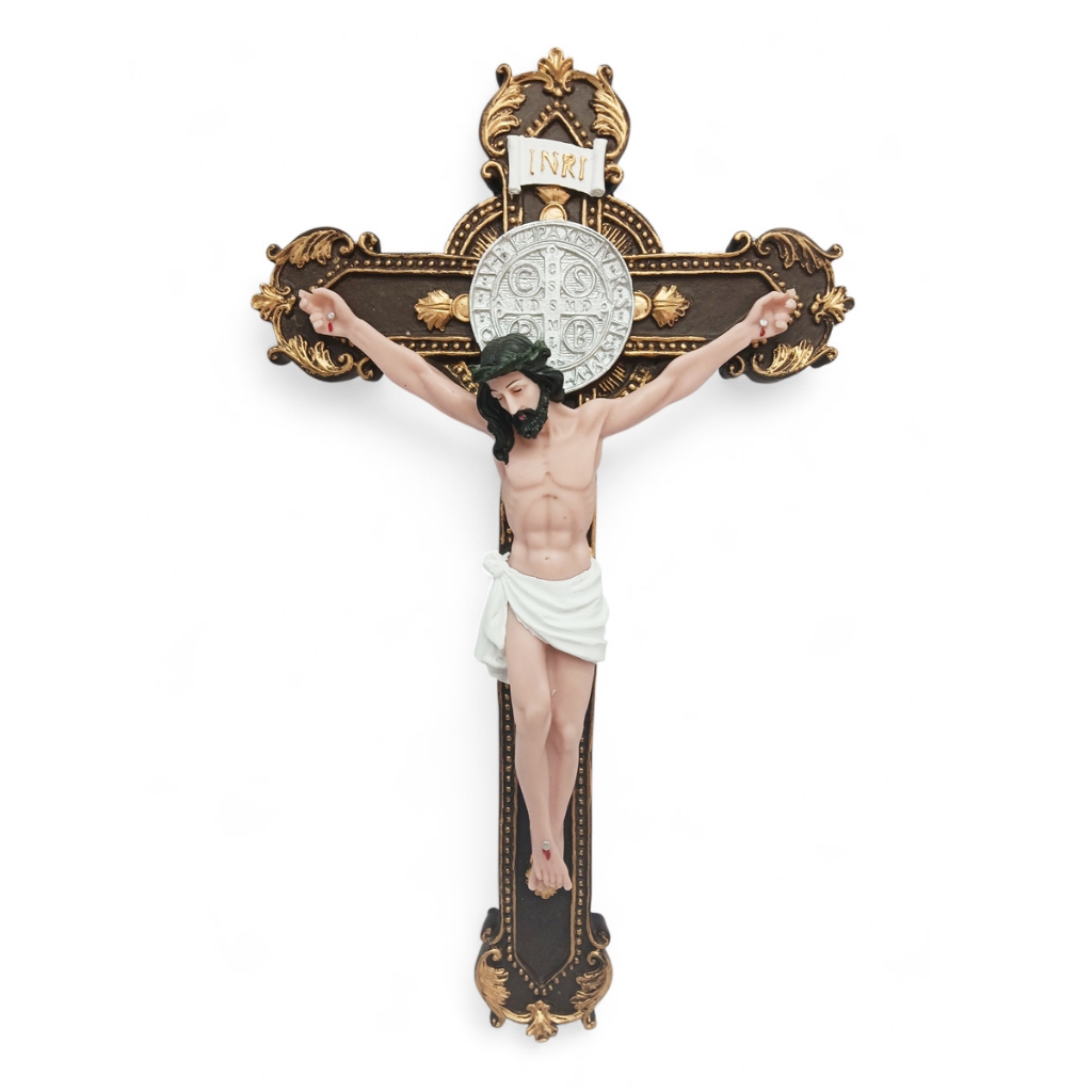 Crucifixo 40cm Resina Estátua Católica Parede Decoração Altar Presente Fé Artesanal Imagem Religiosa Santo de Resina