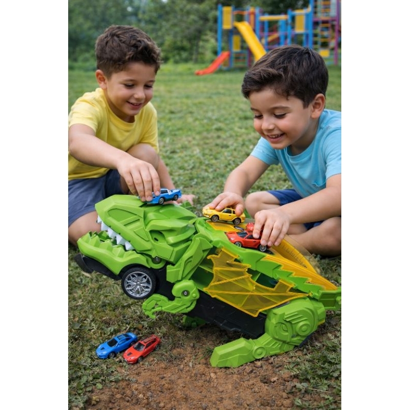 Caminhão Dino Cegonha Com Pista Maleta Pista Lançador 4 Carrinhos Brinquedo Dino Truck Predador Dino