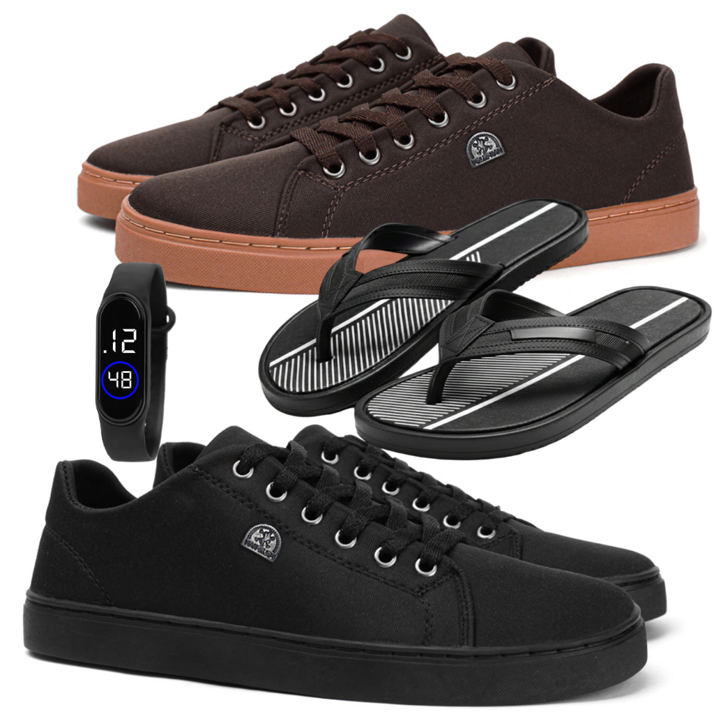 Sapatenis Masculino Barato Combo Com 2 Pares + Acessórios Relógio Digital e Chinelo Promoção