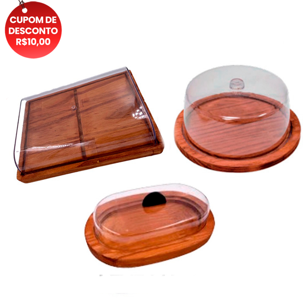 OFERTA 6.6 KIT Porta Frios MEDIO (21X16,5CM), Manteigueira e Boleira Madeira Rustica Cozinha, Queijos