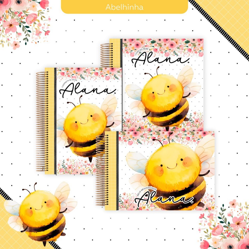 Caderneta de Vacinação Menina Capa Dura Personalizada Atualizada com Nome Alfabeto - caderneta abelhinha abelinha abelha
