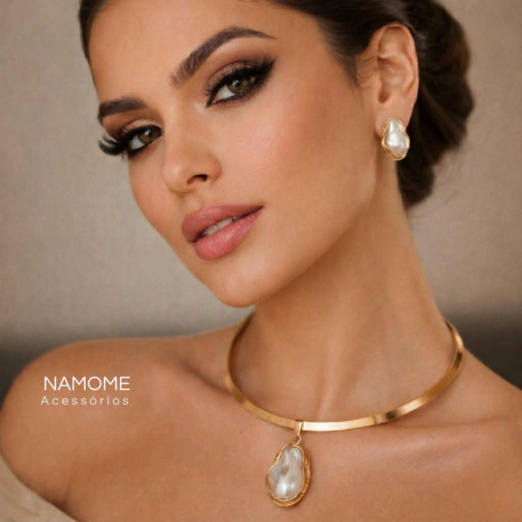 Conjunto Dourado Feminino com Pérola Barroca Colar Choker + Brinco Elegante Luxo Sofisticado