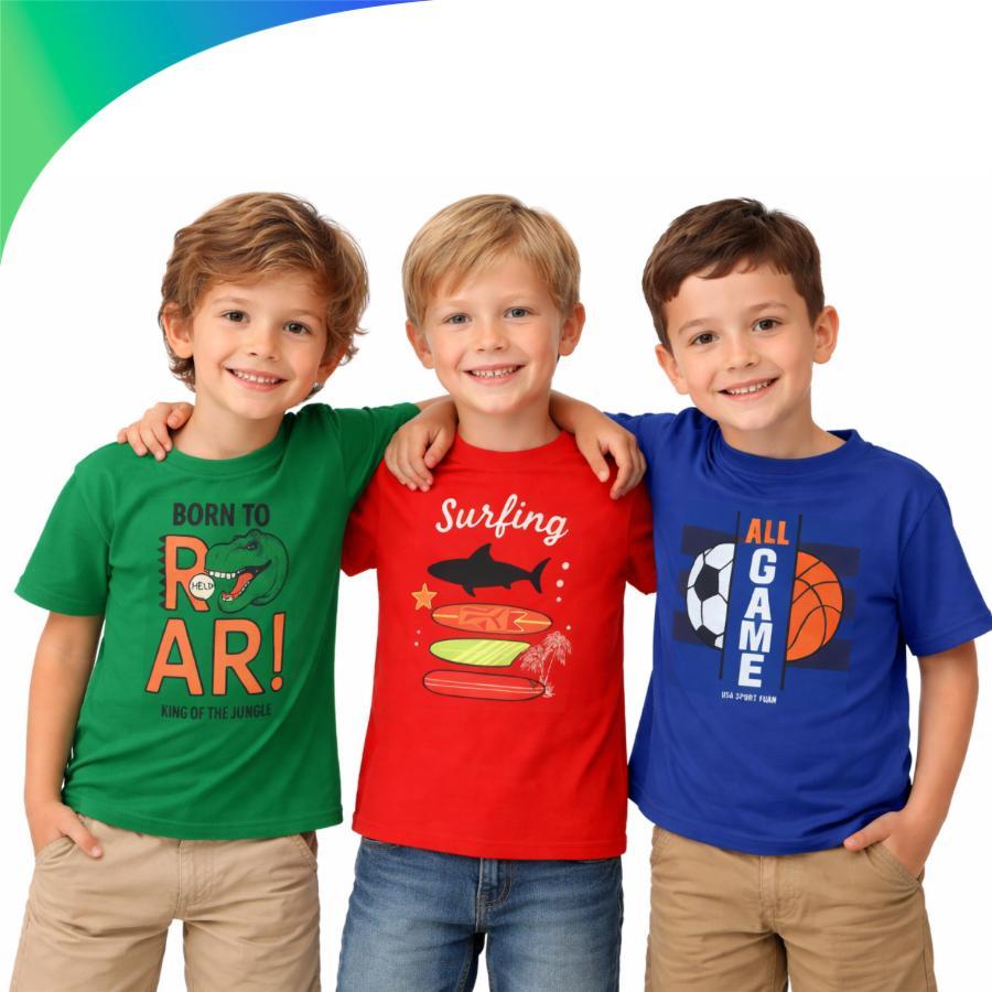 Kit 3 Camisetas Manga Curta Infantil Estampadas de Menino - camiseta de verão masculina 2 ao 8 anos