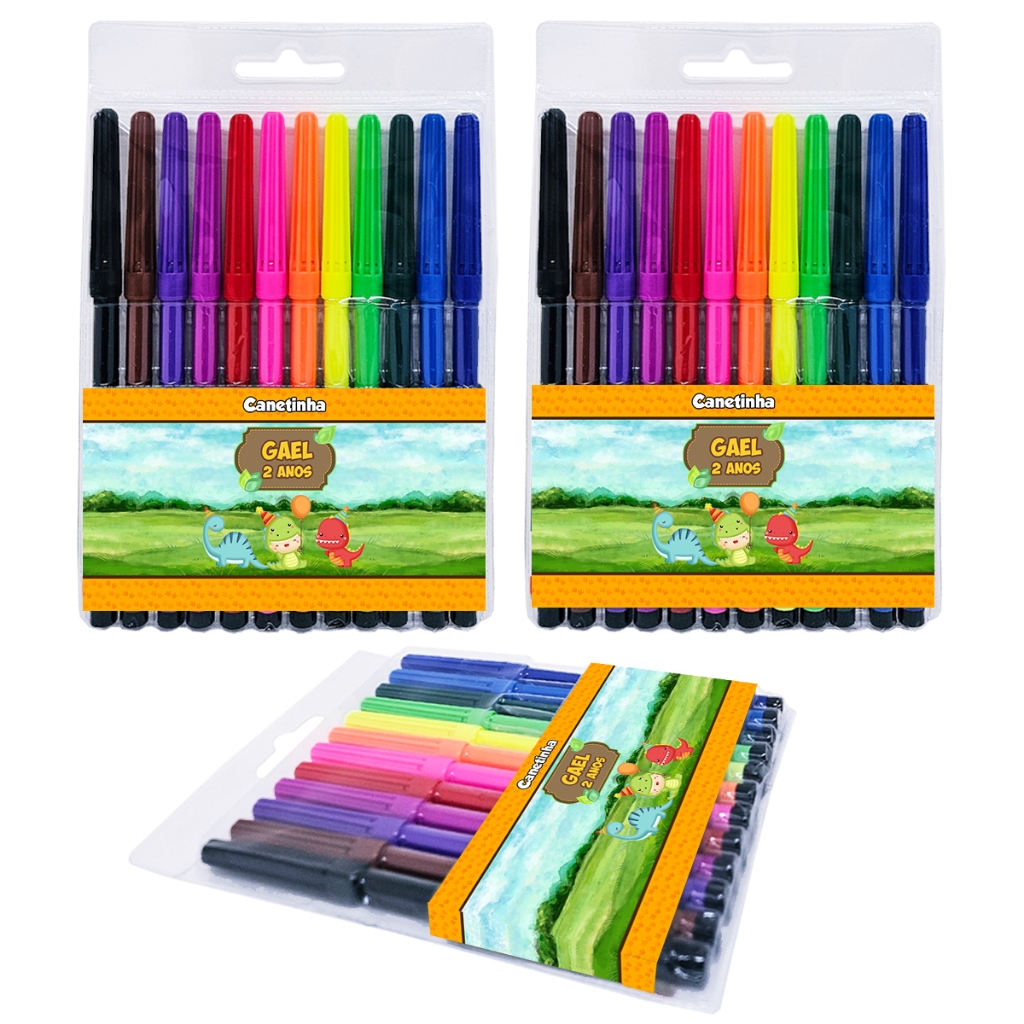 10 Canetinha 12 Cores Canetinha de Colorir Lembrancinha Aniversário Personalizado Dinossauro Baby