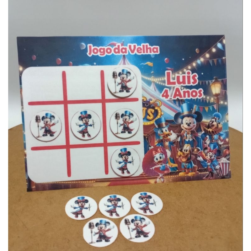 Lembrancinhas de aniversário para festas infantis Jogo da velha tema Circo rosa aquarelado/Circo Menino/Circo do Mickey