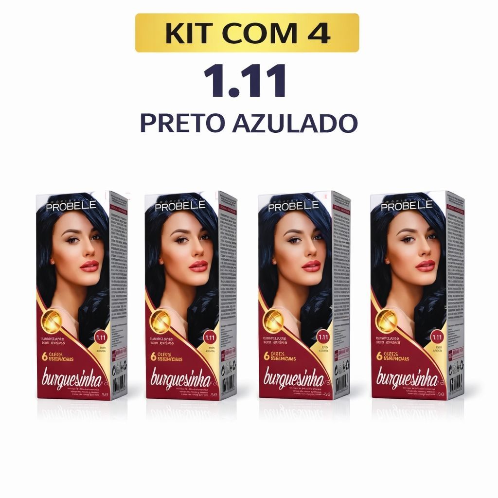 Tonalizante sem Amônia 1.11 Preto Azulado Burguesinha Probelle Kit c/4 unidades