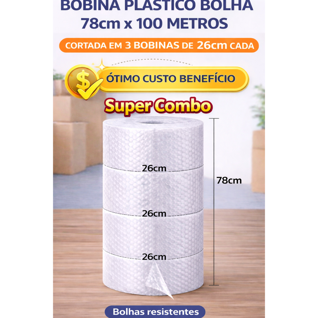 COMBO ECONÔMICO ** Bobina Plástico Bolha ** 78cm x 100metros - Cortadas em 3 partes de 26cm altura cada - Ótimo Custo !!