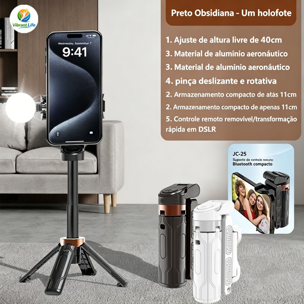 Tripé Selfie Bluetooth com LED Recarregável e Controle Remoto – Bastão Extensível 40cm para Celular