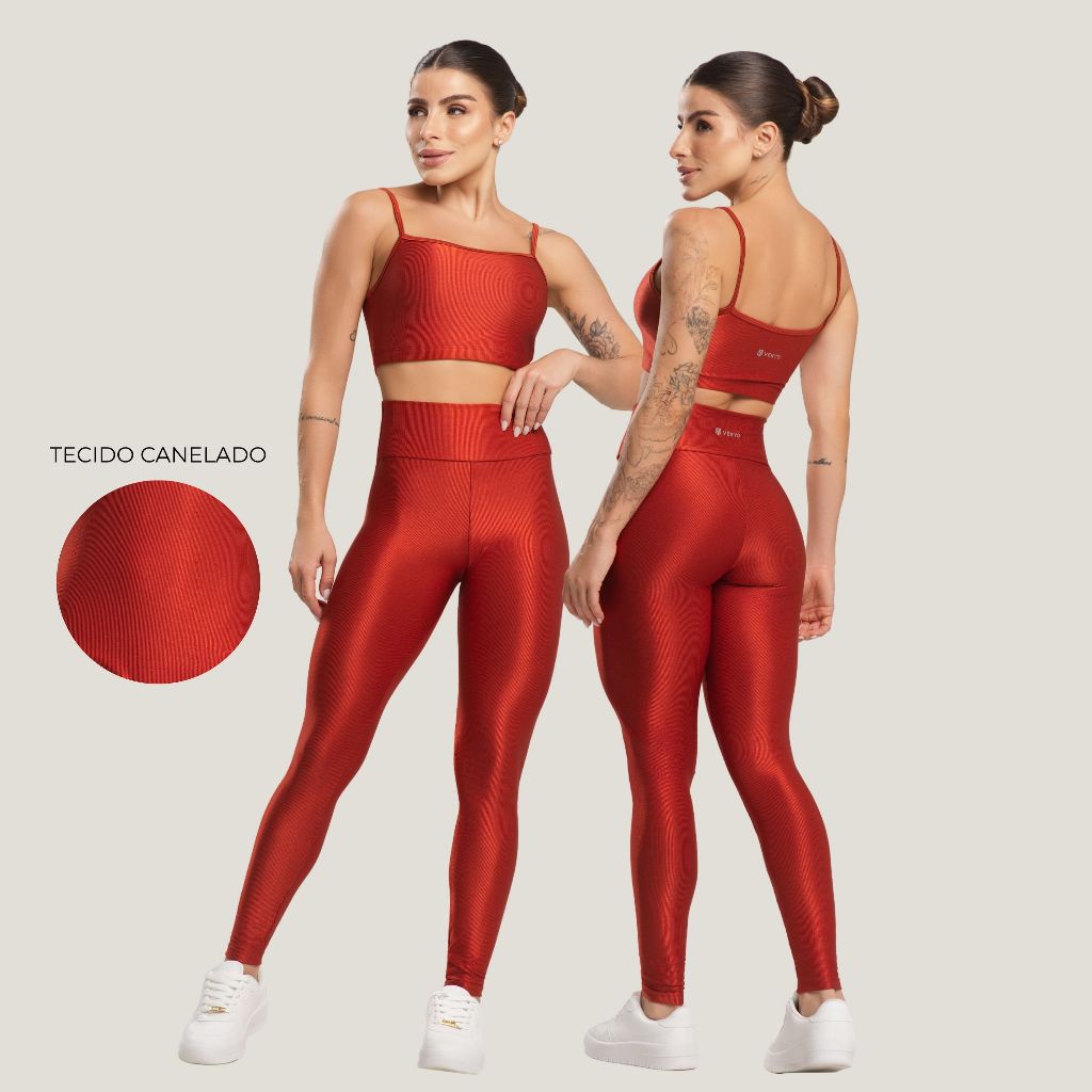 Conjunto Fitness Feminino Trilobal Canelado Top Alcinha + Legging Cós Alto Modelador Brilhoso Academia e Treino