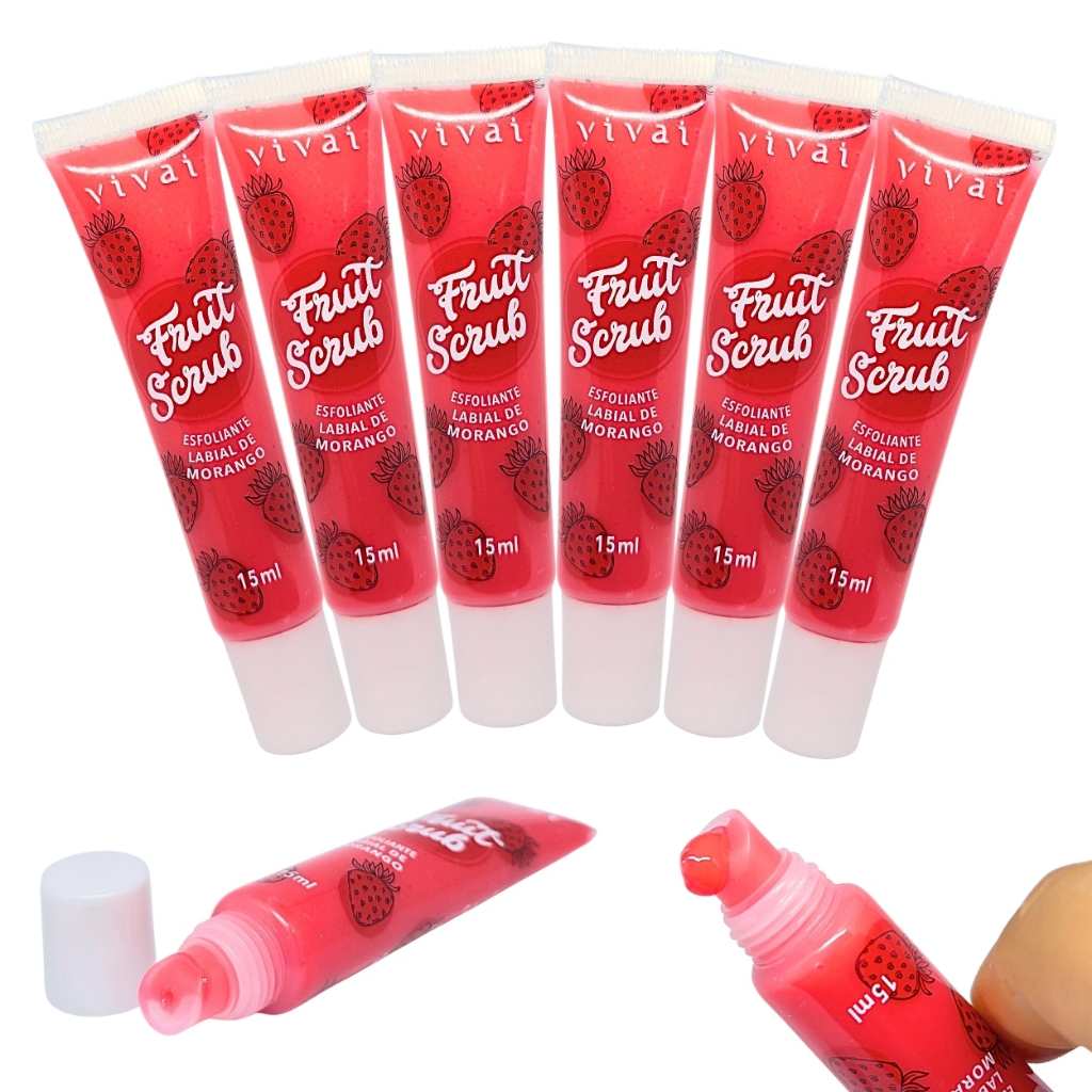 Kit 6 Esfoliante Labial Morango com Cor Esfoliação Suave e Lábios Macios Fruit Scrub Vivai