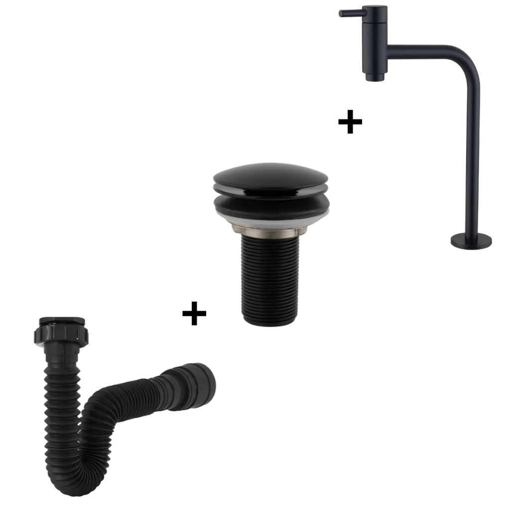 Kit Lopazzi Sifão Preto + Torneira Link Preta + Válvula Preta para Lavatório Banheiro Cozinha Cuba Pia