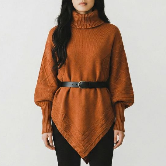 【Lançamento】Poncho Feminino Tricot Gola Alta Punho Barra Bico Inverno Elegante Conforto Oversized