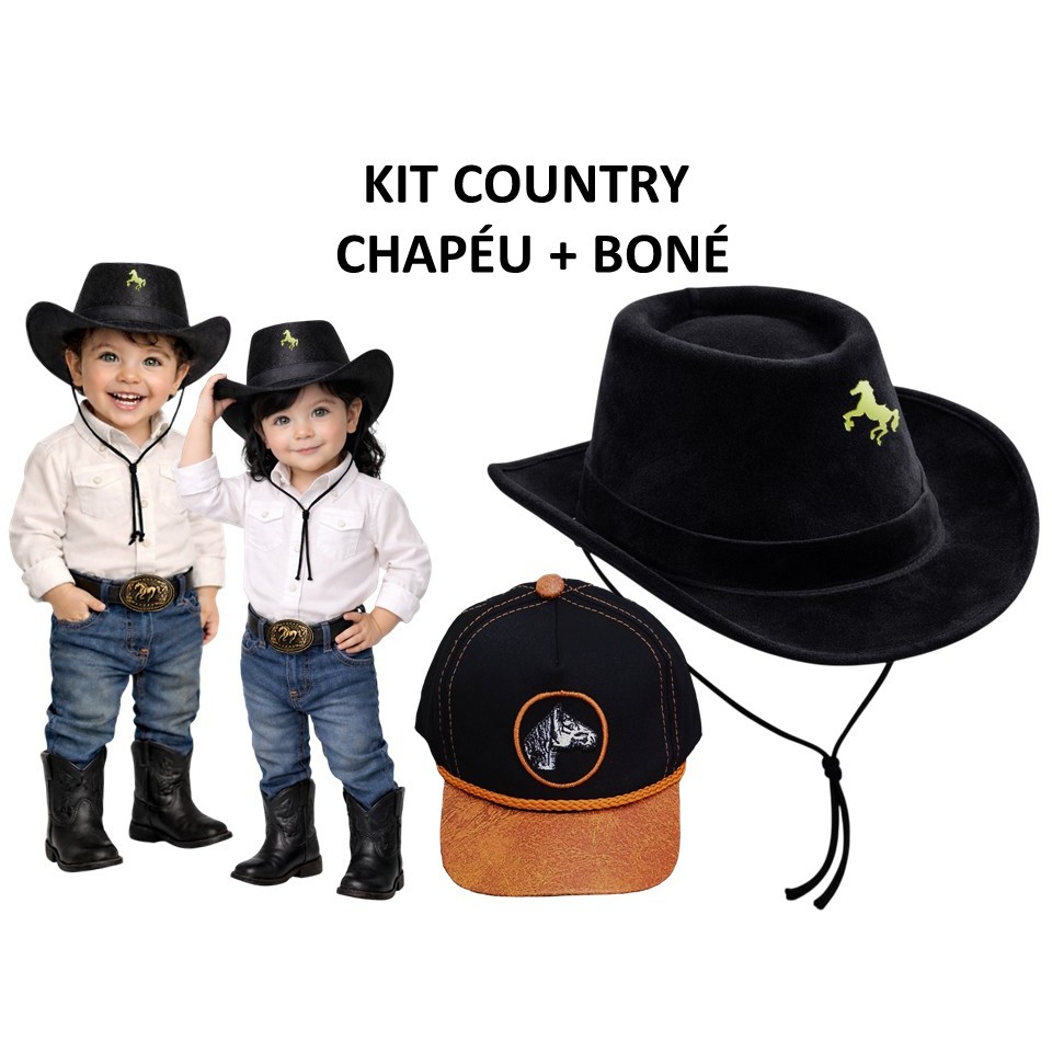 KIT COUNTRY ( CHAPÉU +BONÉ )MENINO BEBÊ INFANTIL RODEIO FESTA JUNINA SÃO JOÃO