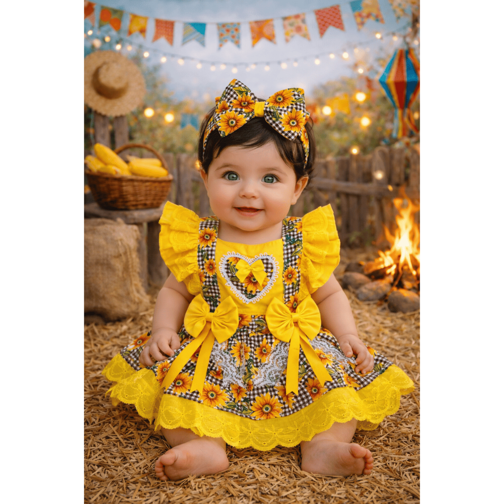 Jardineira Saia Romper Infantil Menina Girassol Xadrez Festa Junina Laço Arraia Mesversário Bebê