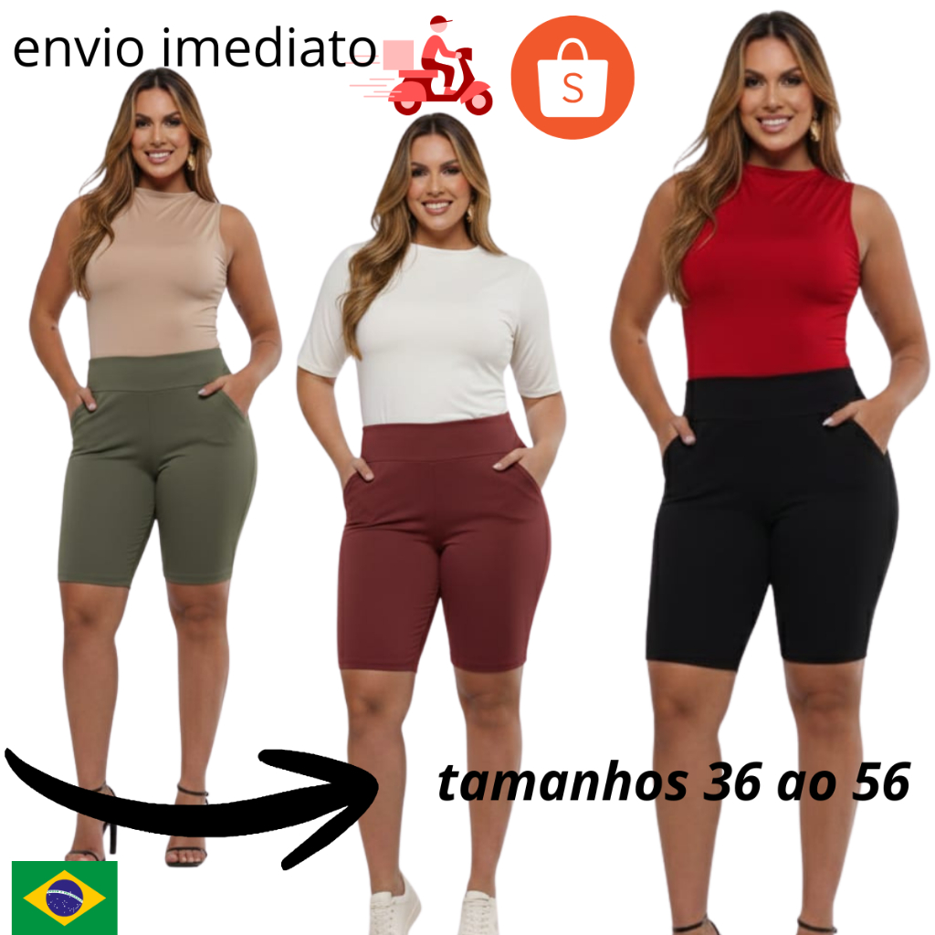 Bermuda Short Feminina Malha Cós Alto Dia a Dia Casual Confortavel Bolso Sem Elastico