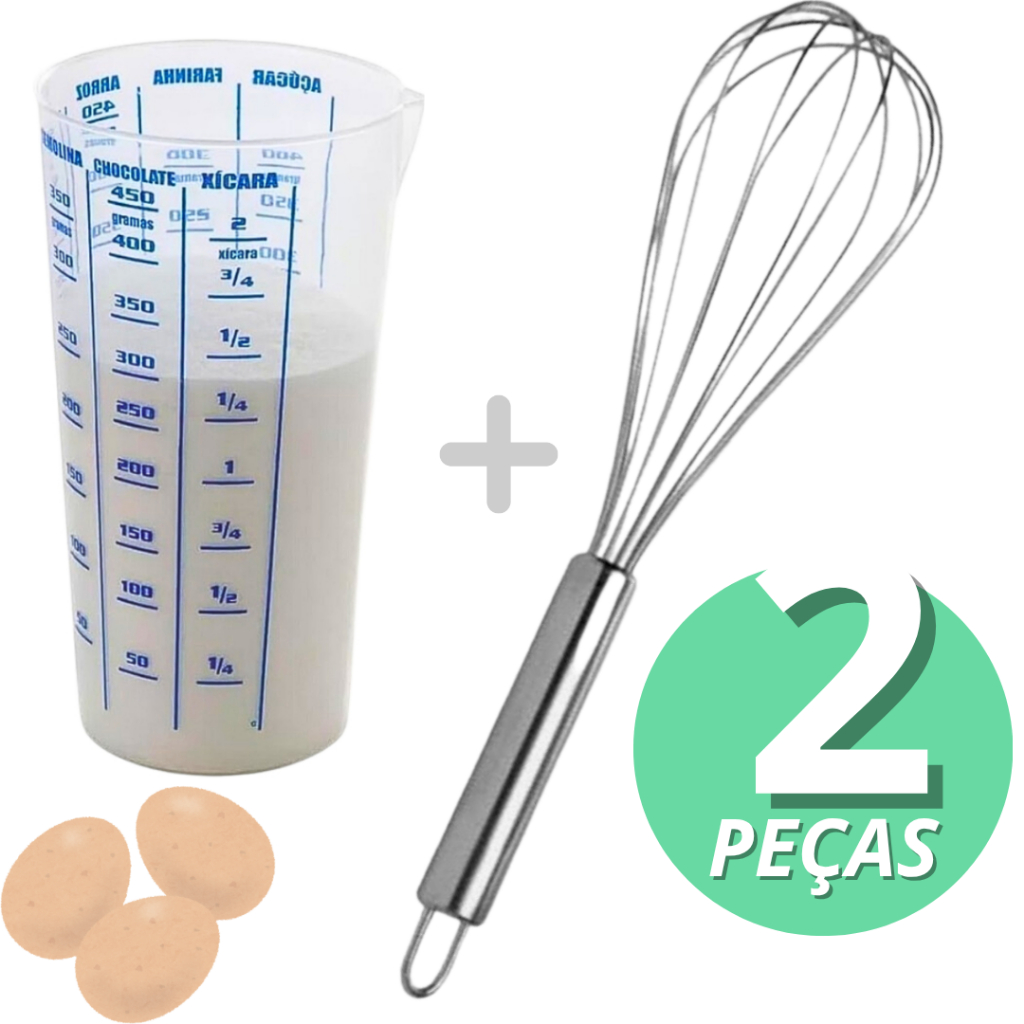 Kit Confeiteiro Copo Medidor Plástico + Fouet Fue Inox Profissional