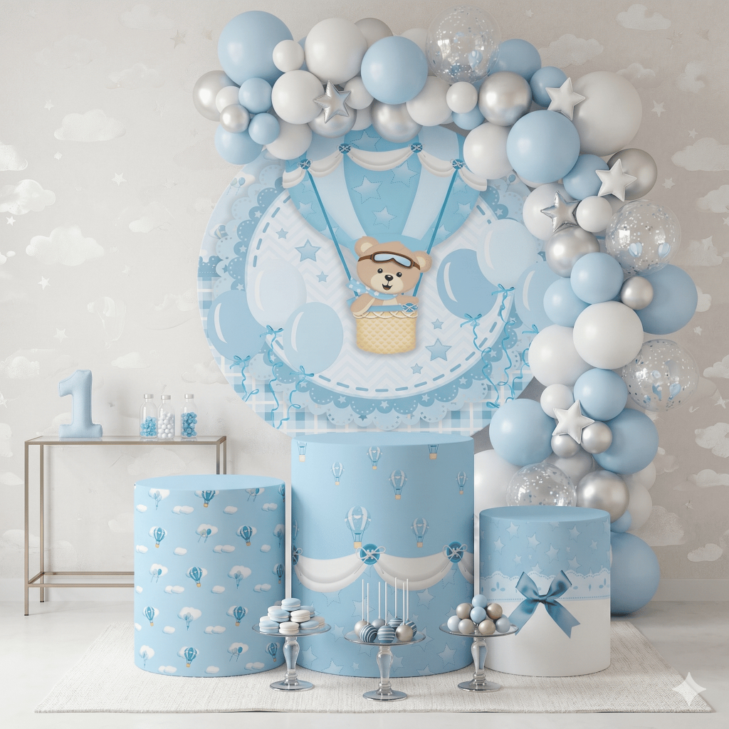 Kit Capas Festa Painel e Cilindros Ursinho Baloeiro Chá de Bebê Decoração Infantil Pegue Monte New