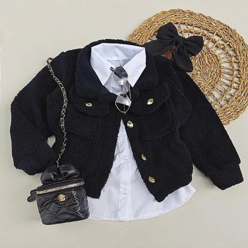 Casaco teddy  menina infantil  quentinho moda inverno com bolsos na frente funcionais (4-10 )