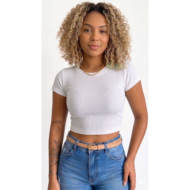 Cropped feminino Canelado Premium Manga Curta Básico Confortável Tendência