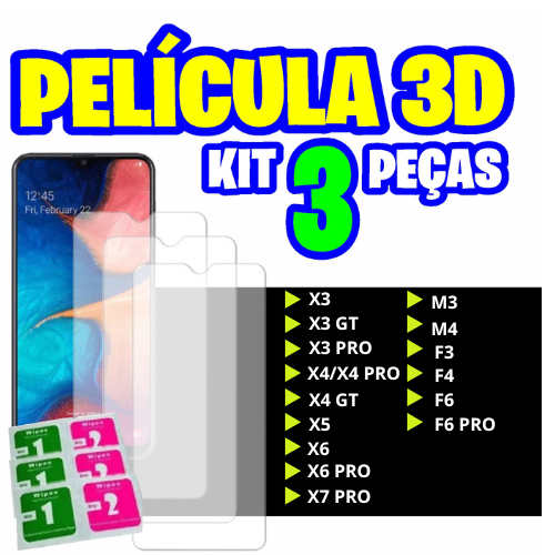 Kit 3 Películas 3D POCO X3 X4 X5 X6 M3 M4 M5 M6 M7 F3 F4 F6 PRO GT 5G C75 C85 Xiaomi