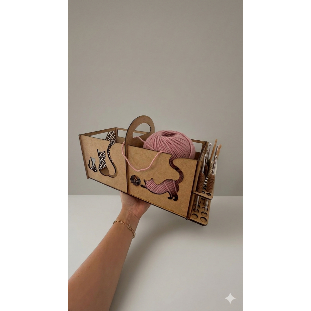 Porta Novelo de Lã MDF com Saída de Fio + Suporte para Agulhas Crochê e Tricô