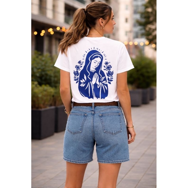 Camiseta blusa branca algodão unissex católica estampa nossa senhora azul gola redonda manga curta