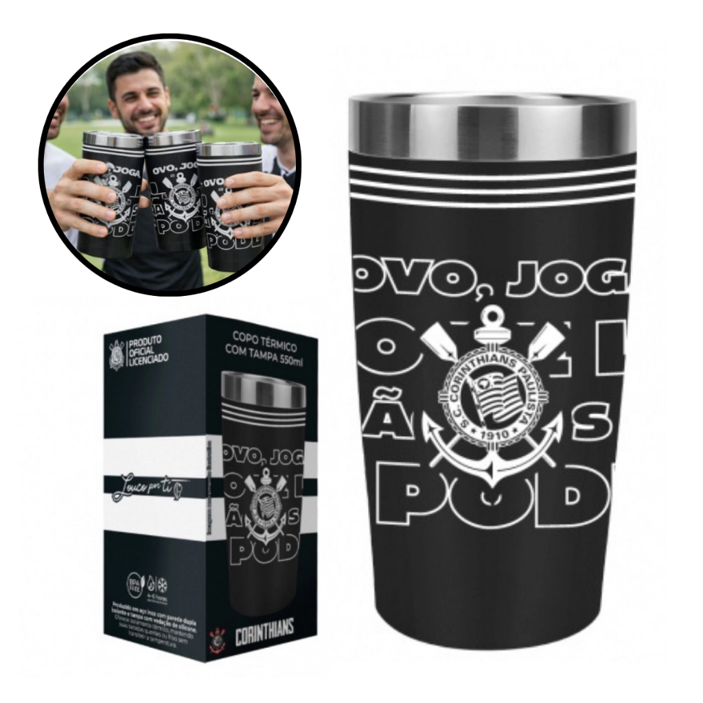 Copo Térmico Corinthians 550ml Aço Inox com Tampa Mantém Bebidas Quentes e Geladas