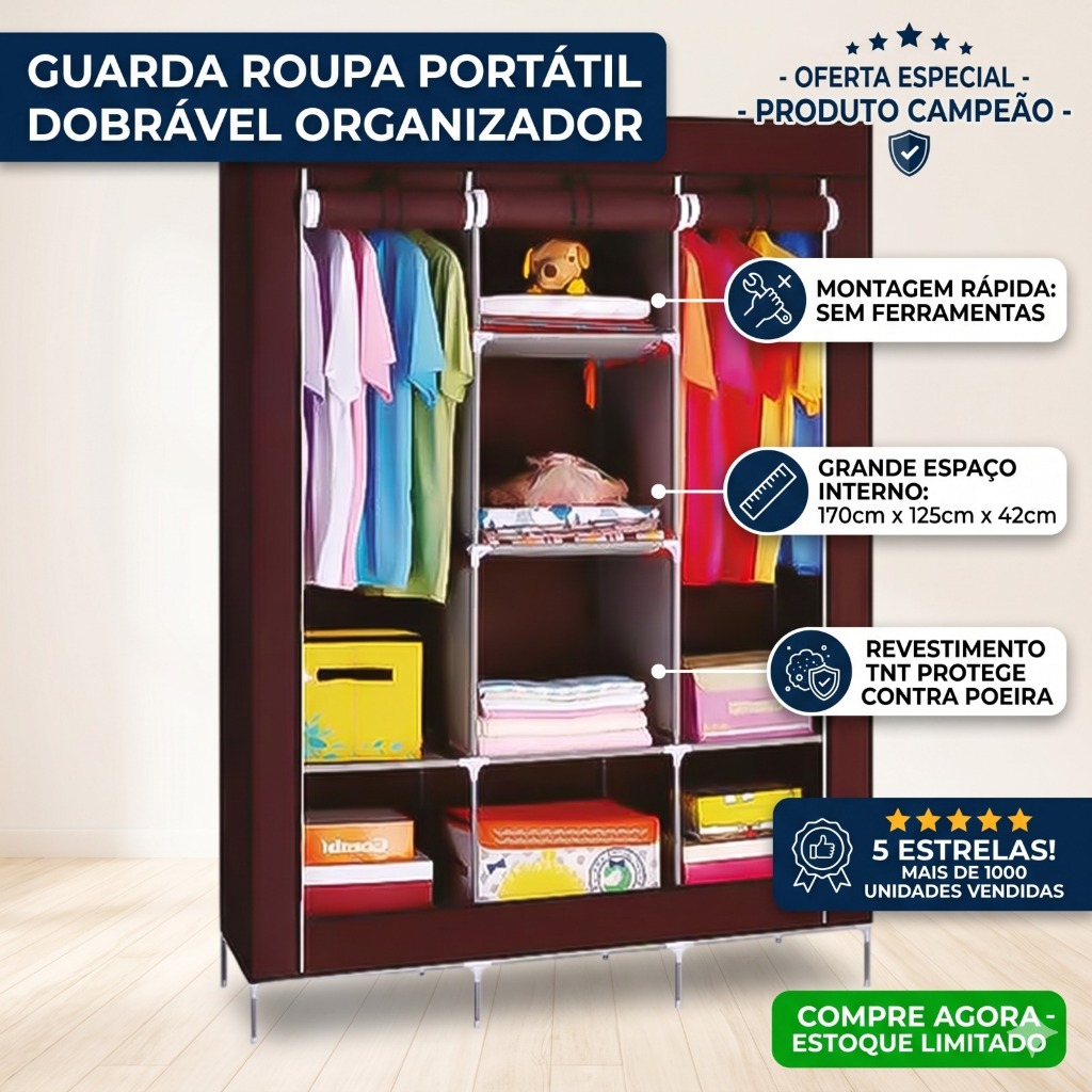 Guarda Roupa Portátil Dobrável Organizador Roupas Armário Multiuso Grande 2026