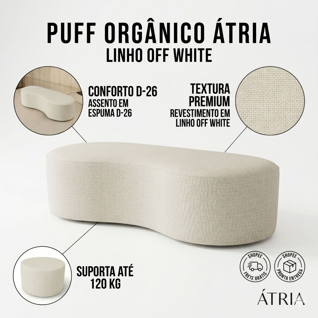 Puff Atria Orgânico Grande 100cm Linho – Sofá Puff Moderno Decorativo