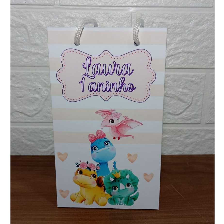 Kit Sacolinha Personalizada Dinossauro Baby Menina para Lembrancinhas Festa Infantil
