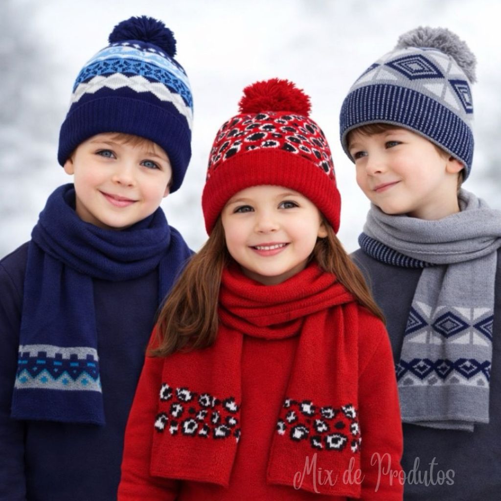 Kit Touca e Cachecol Infantil Lã Quentinho Confortável Inverno Menina Menino